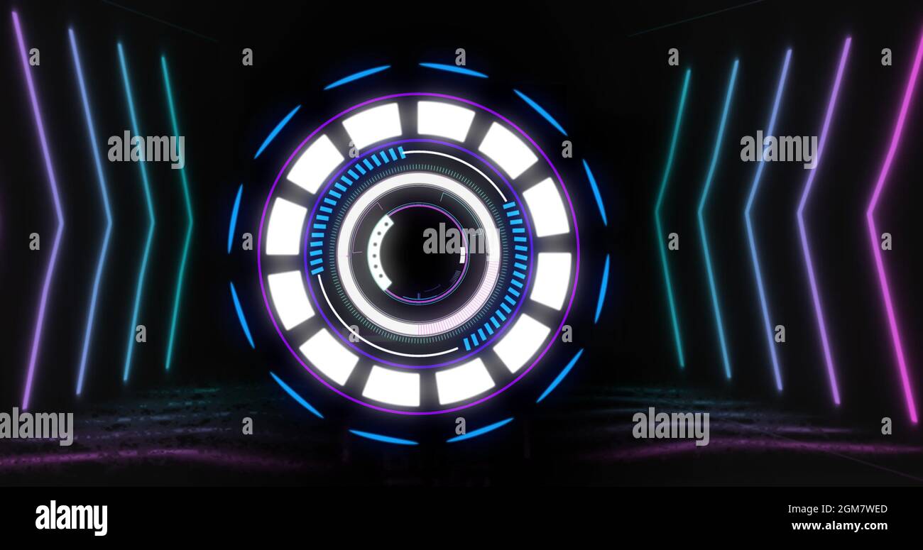 Round neon scanner spinning and abstract shapes against black ...