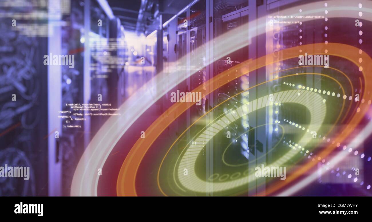 Digital image of round neon scanner and data processing against empty ...