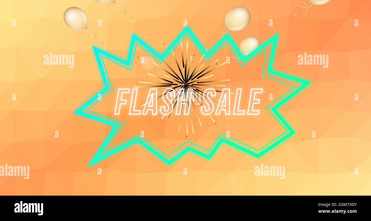 Image of words flash sale in white with green neon explosion, firework and bubbles on orange Stock Photo