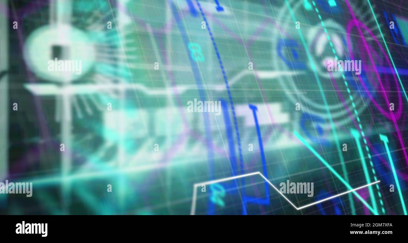 Neon round scanner spinning against digital interface with data ...