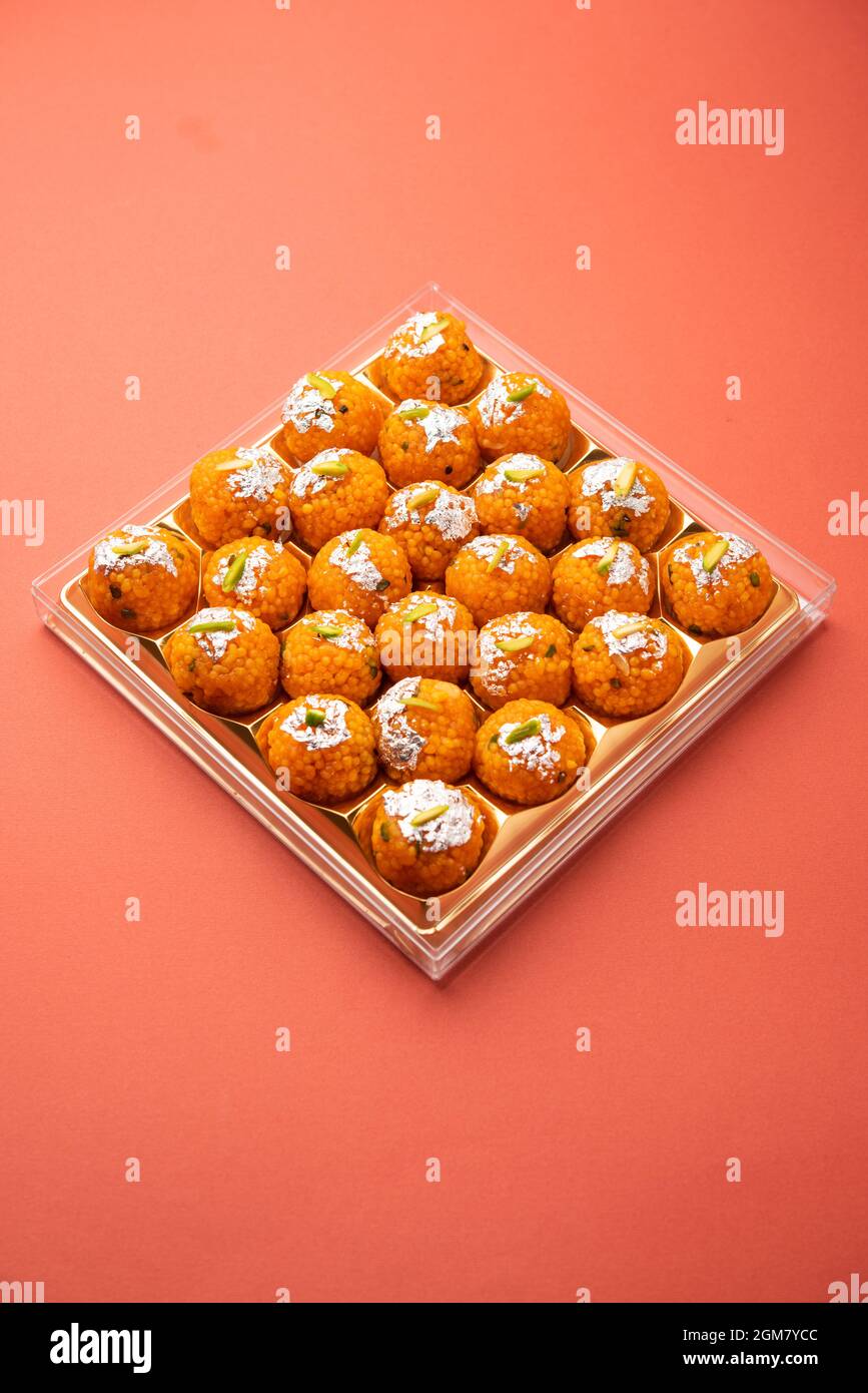 indian sweet motichoor laddoo or Bundi laddu made of gram flour very