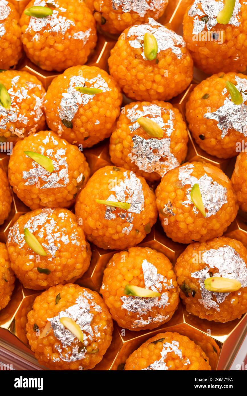 indian sweet motichoor laddoo or Bundi laddu made of gram flour very
