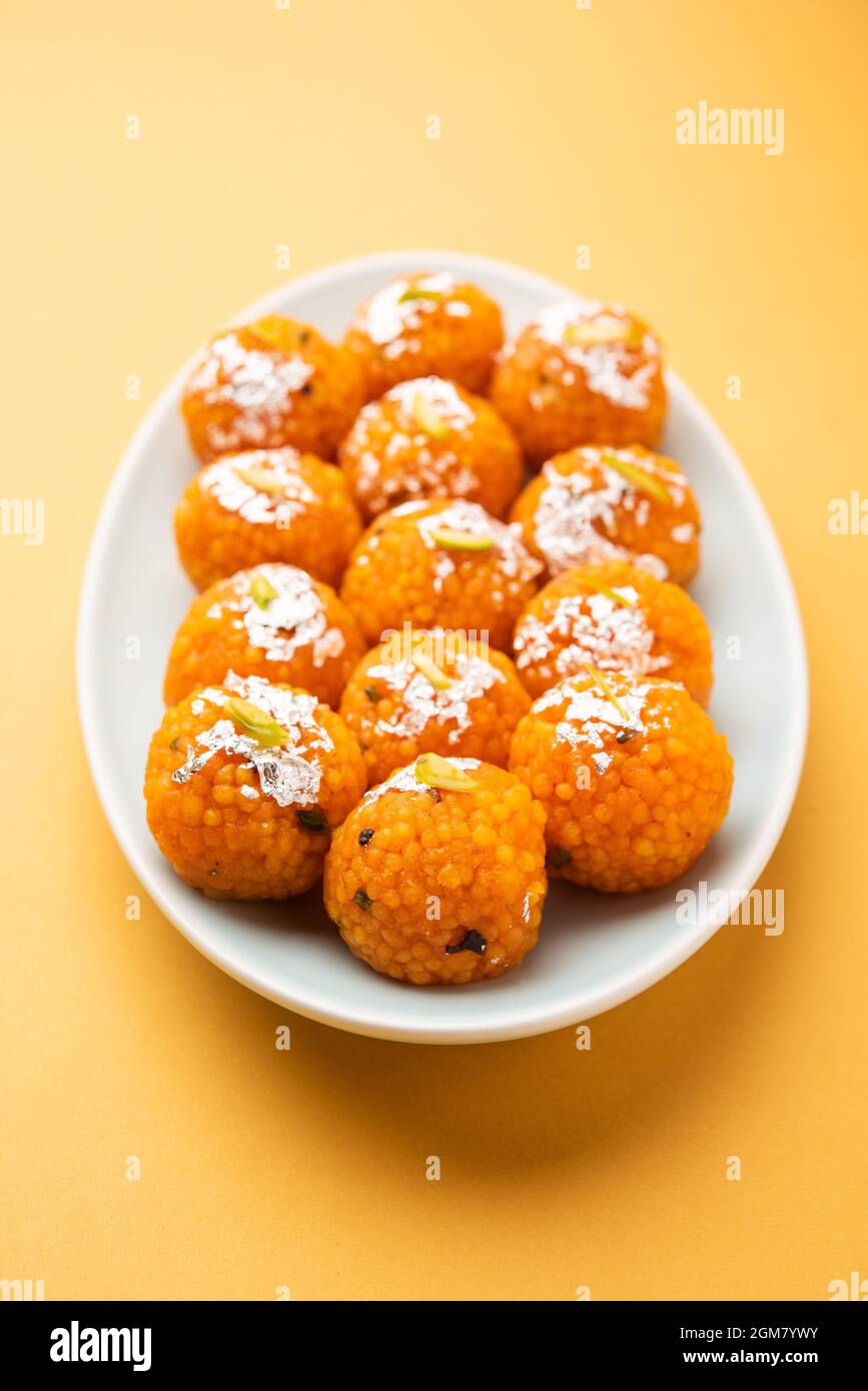 indian sweet motichoor laddoo or Bundi laddu made of gram flour very small balls or boondis