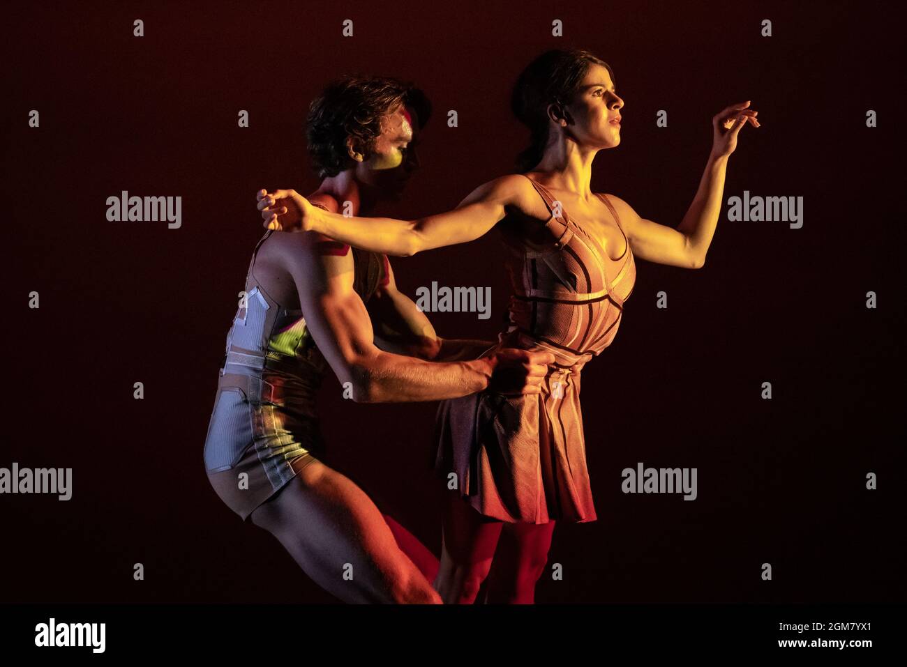 Ukrainian Ballet Gala at Sadler’s Wells. Premiere of Ludovic Ondiviela’s System A/I, a piece in which dancers ponder “the consequences of a scenario in which artificial intelligence has replaced human connection and what that could mean for our emotional lives”. Ukrainian dancers from American Ballet Theatre, Wiener Staatsballett, Lithuanian National Ballet and Toulouse Ballet du Capitole join with stars from The Royal Ballet and English National Ballet. Curated by the Ukrainian dancer (and former Royal Ballet star) Ivan Putrov and British-Ukrainian theatre director Olga Danylyu. London, UK. Stock Photo