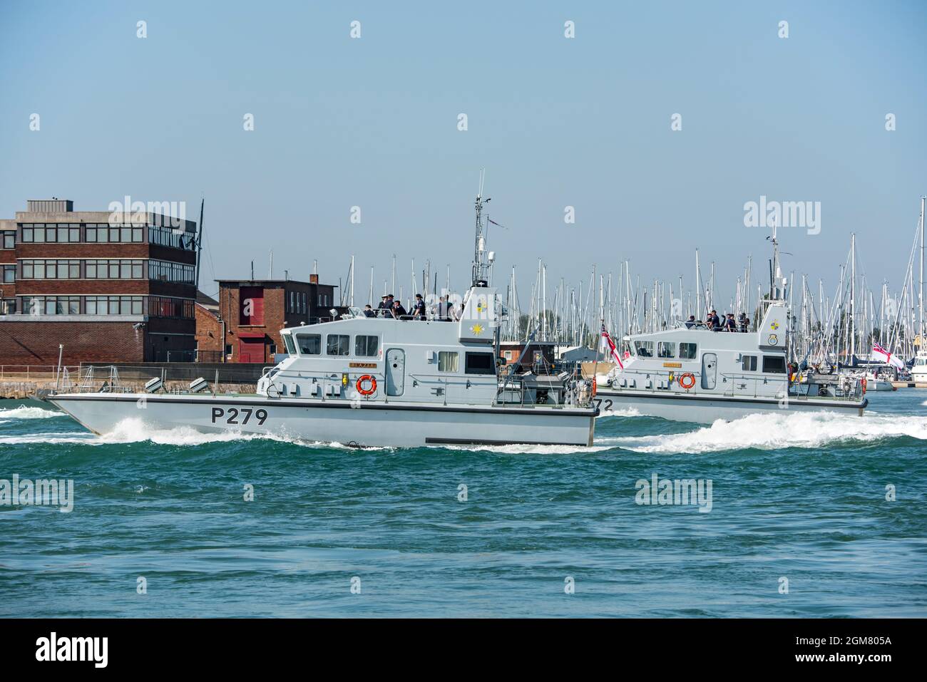HMS Blazer and HMS Smiter in formation in Portsmouth Harbour, UK for the departure of HMS Tamar & HMS Spey on their deployment on 7/9/2021. Stock Photo