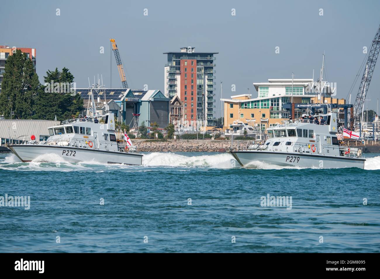 HMS Blazer and HMS Smiter in formation in Portsmouth Harbour, UK for the departure of HMS Tamar & HMS Spey on their deployment on 7/9/2021. Stock Photo