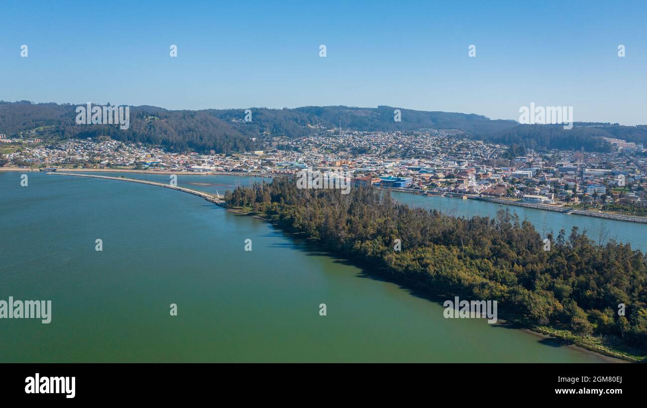 Rio Maule, constitucion, chile, horizontal aerial view with drone of the river and city Stock Photo