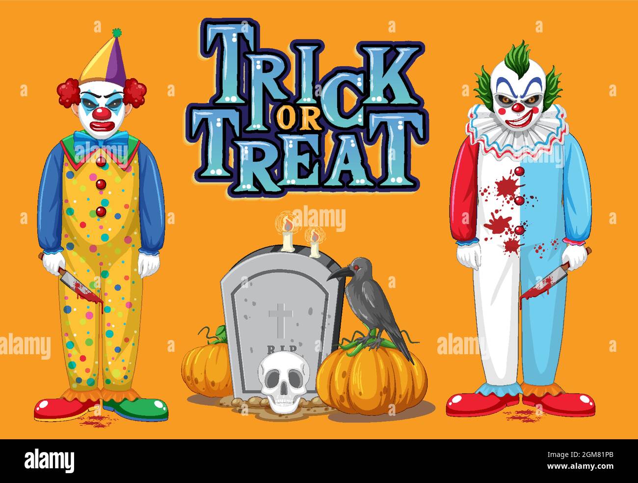 Trick or Treat text logo with creepy clowns illustration Stock Vector ...