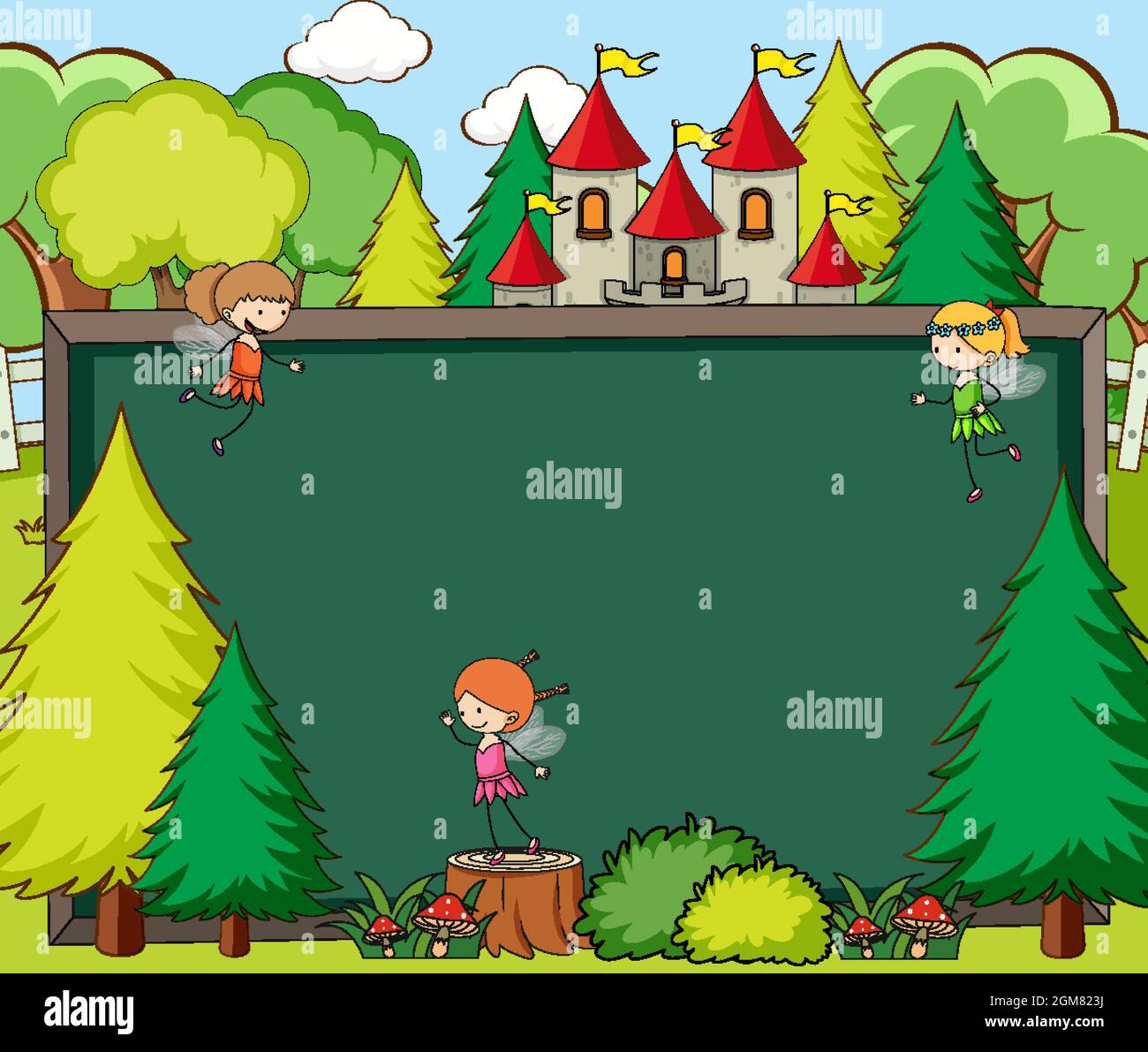 Empty chalkboard banner in the forest scene with fairy tale cartoon ...