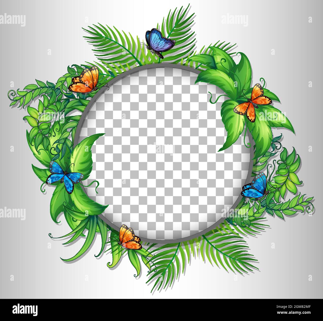 Round frame transparent with tropical leaves and butterflies ...