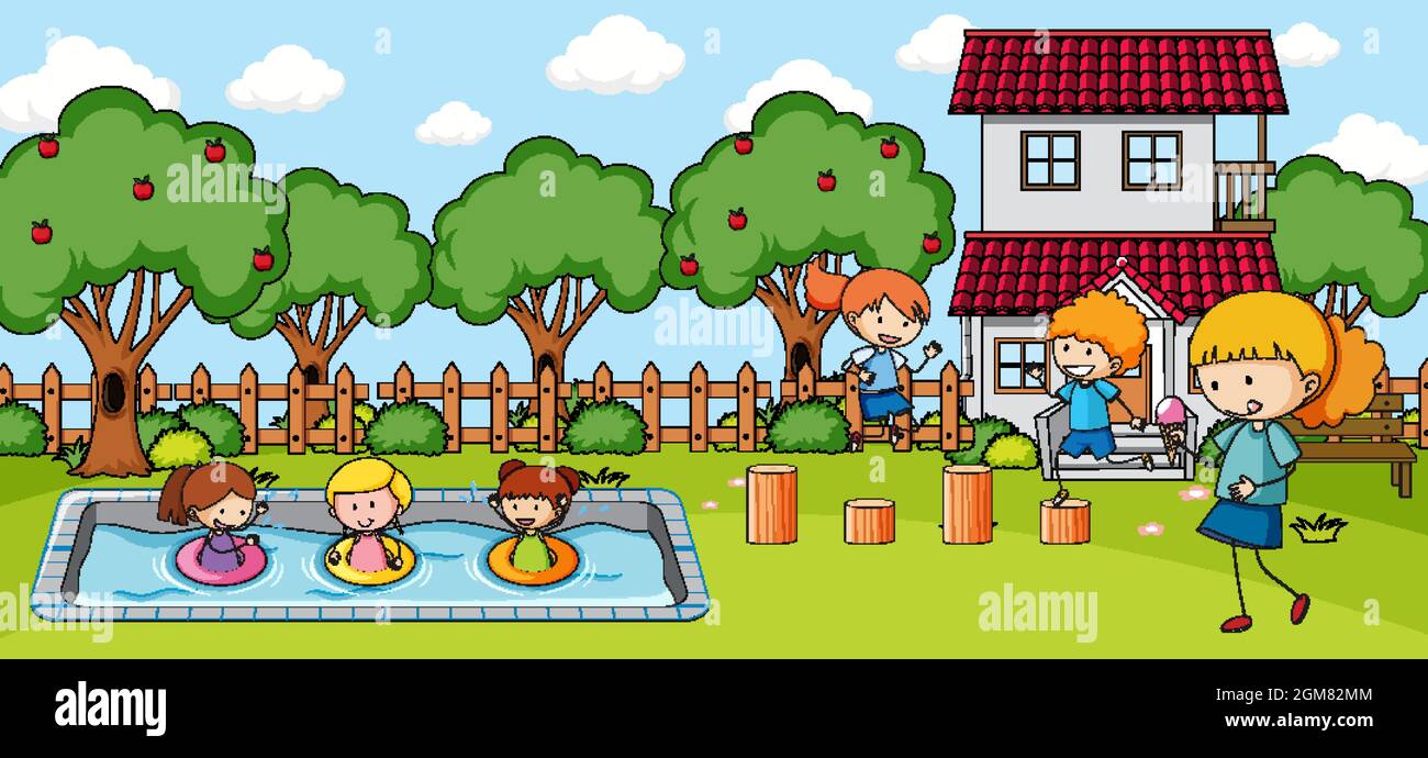 Outdoor scene with many kids playing in the park illustration Stock ...