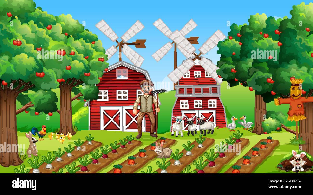 Farm scene at daytime with old farmer man and cute animals illustration ...
