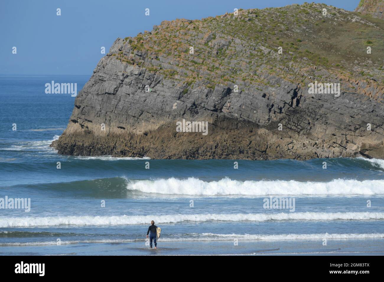 Surfer prepares to paddle out into the perfect surf at this beach  on the Gower sheltered  from the wind by the steep island of Burry Holmes Stock Photo