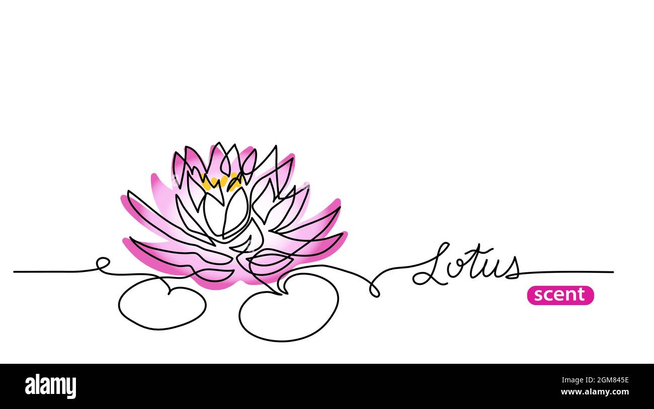 Pink lotus flower one line art drawing. Simple vector line illustration for label design with