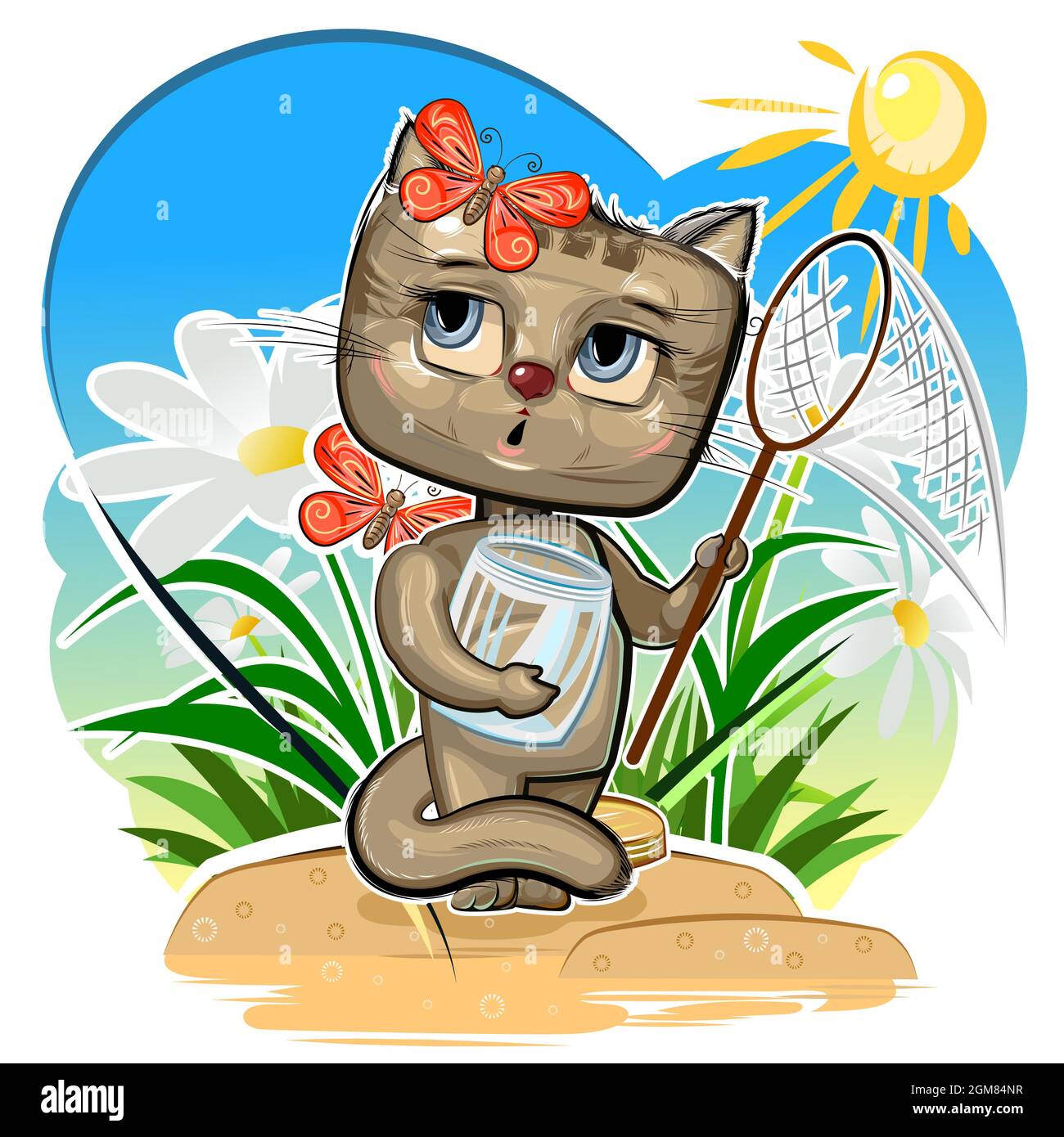 Little Kitten wants to catch a butterfly. Funny comic child of cat animal.  Summer meadow with flowers. Cute cartoon style. Childrens illustration clip  Stock Vector Image & Art - Alamy