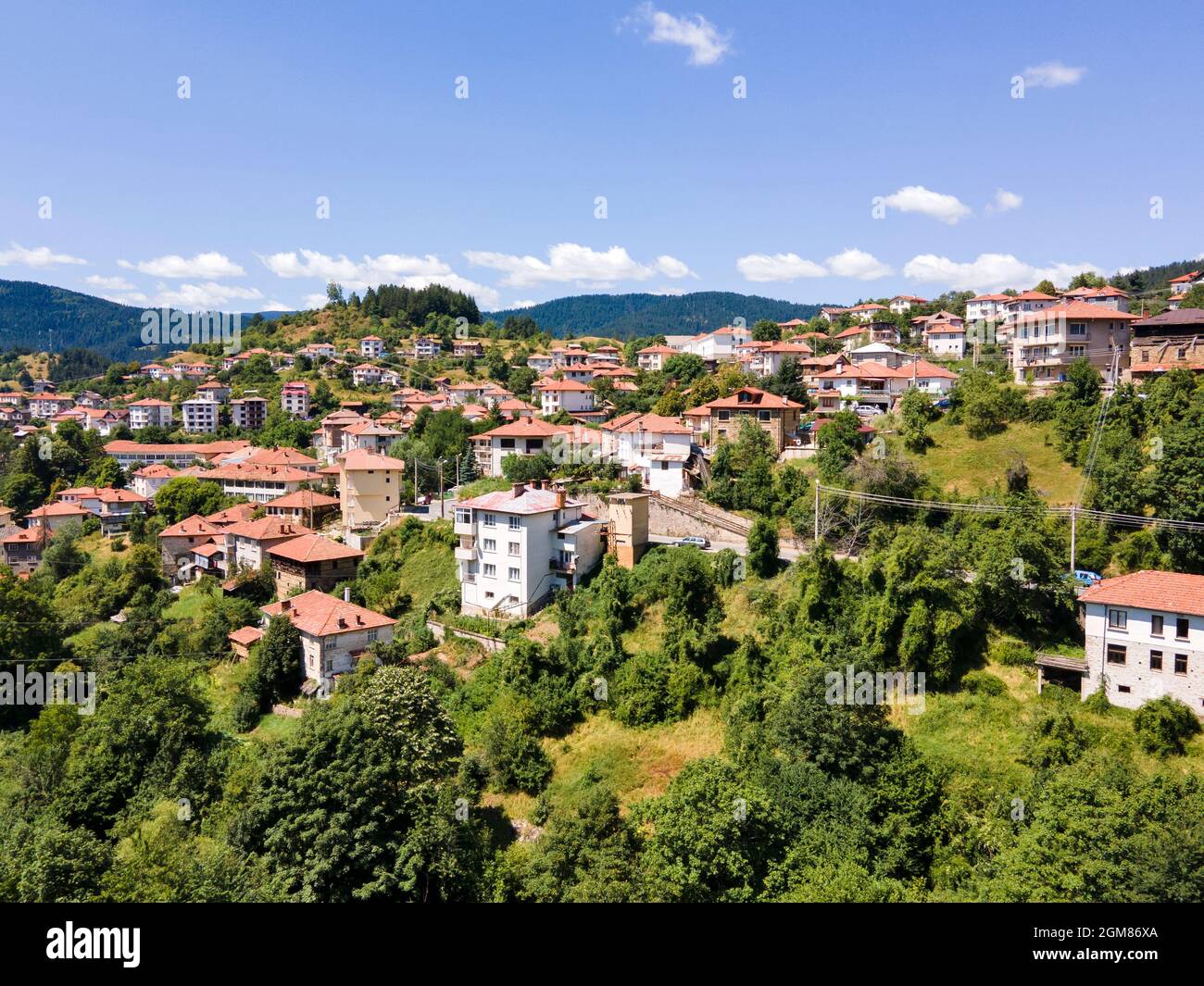 Aerial view of village of Momchilovtsi, Smolyan Region, Bulgaria Stock ...