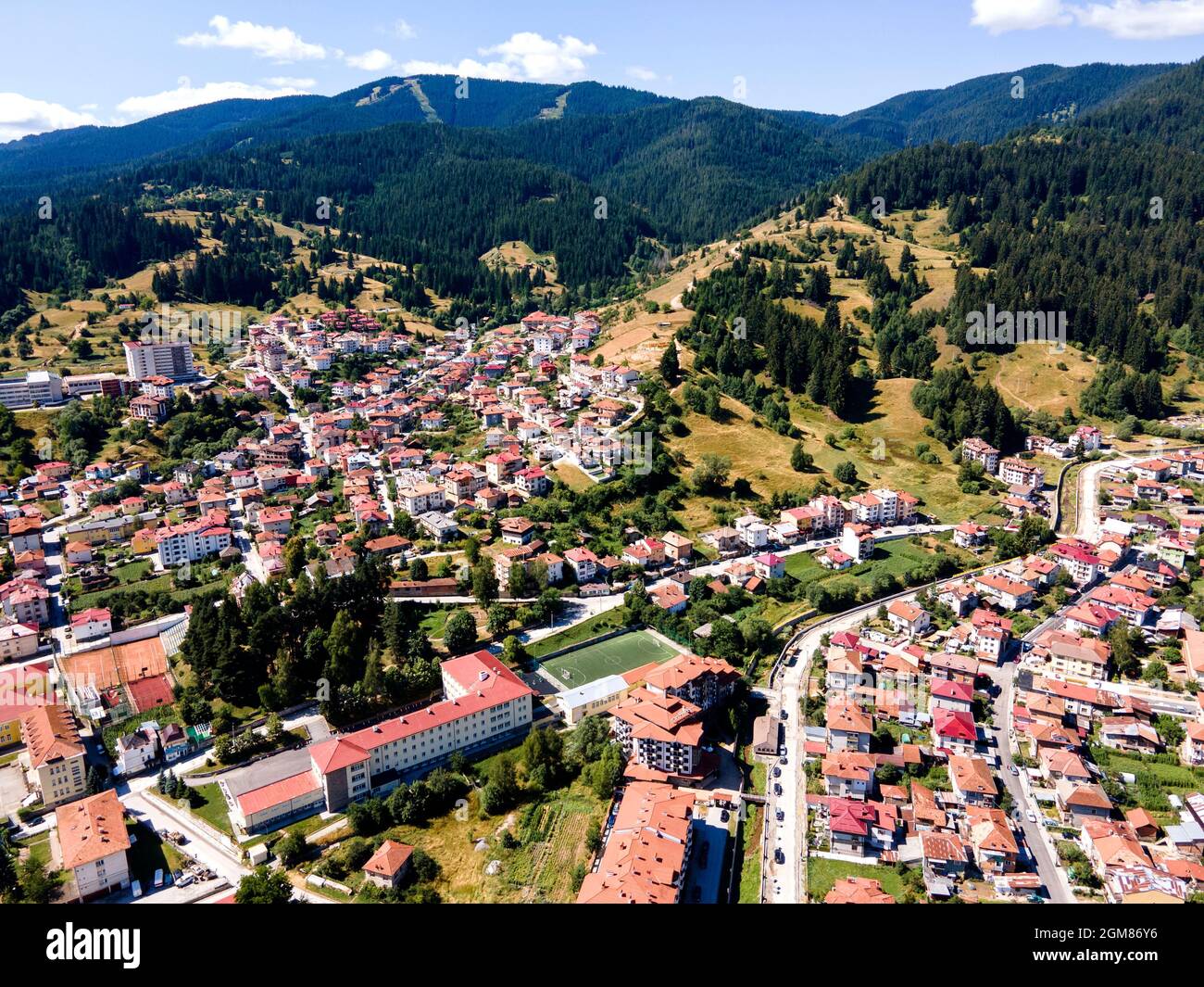 Aerial view of the famous Bulgarian ski resort Chepelare, Smolyan ...