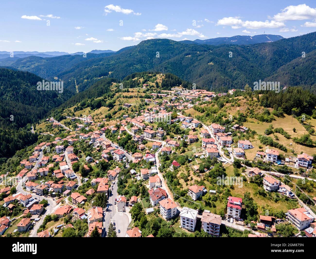 Aerial view of village of Momchilovtsi, Smolyan Region, Bulgaria Stock Photo