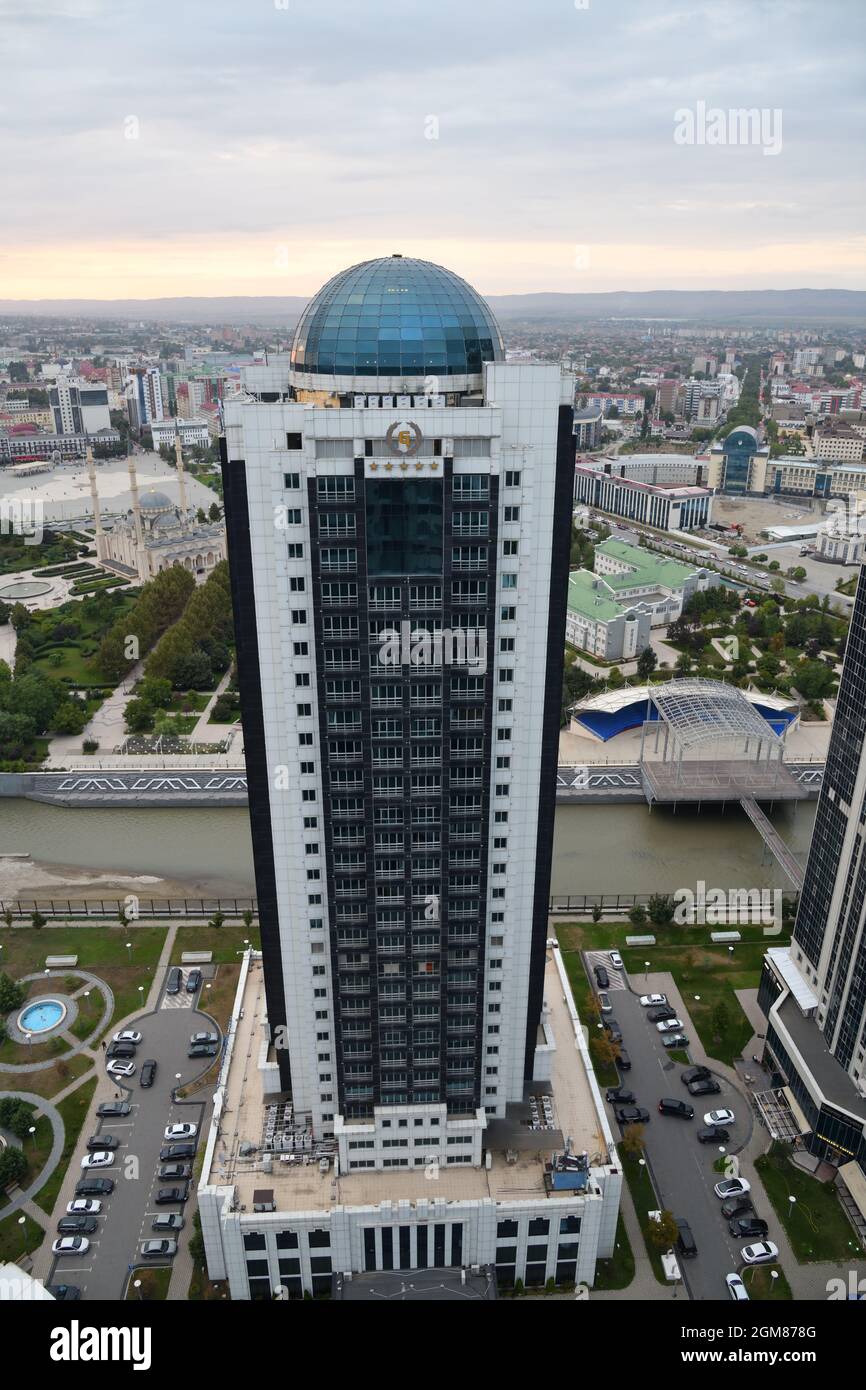 Grozny, Russia - Sept 13, 2021: View on the skyscrape of the five-star hotel Grozny city in the center of the capital of the Chechen Republic in the R Stock Photo