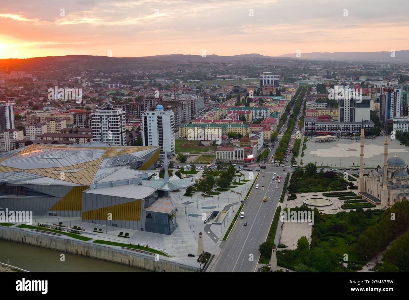 Grozny, Chechen, Russia - September 13, 2021: View from the observation deck of the Grozny city at sunset Stock Photo