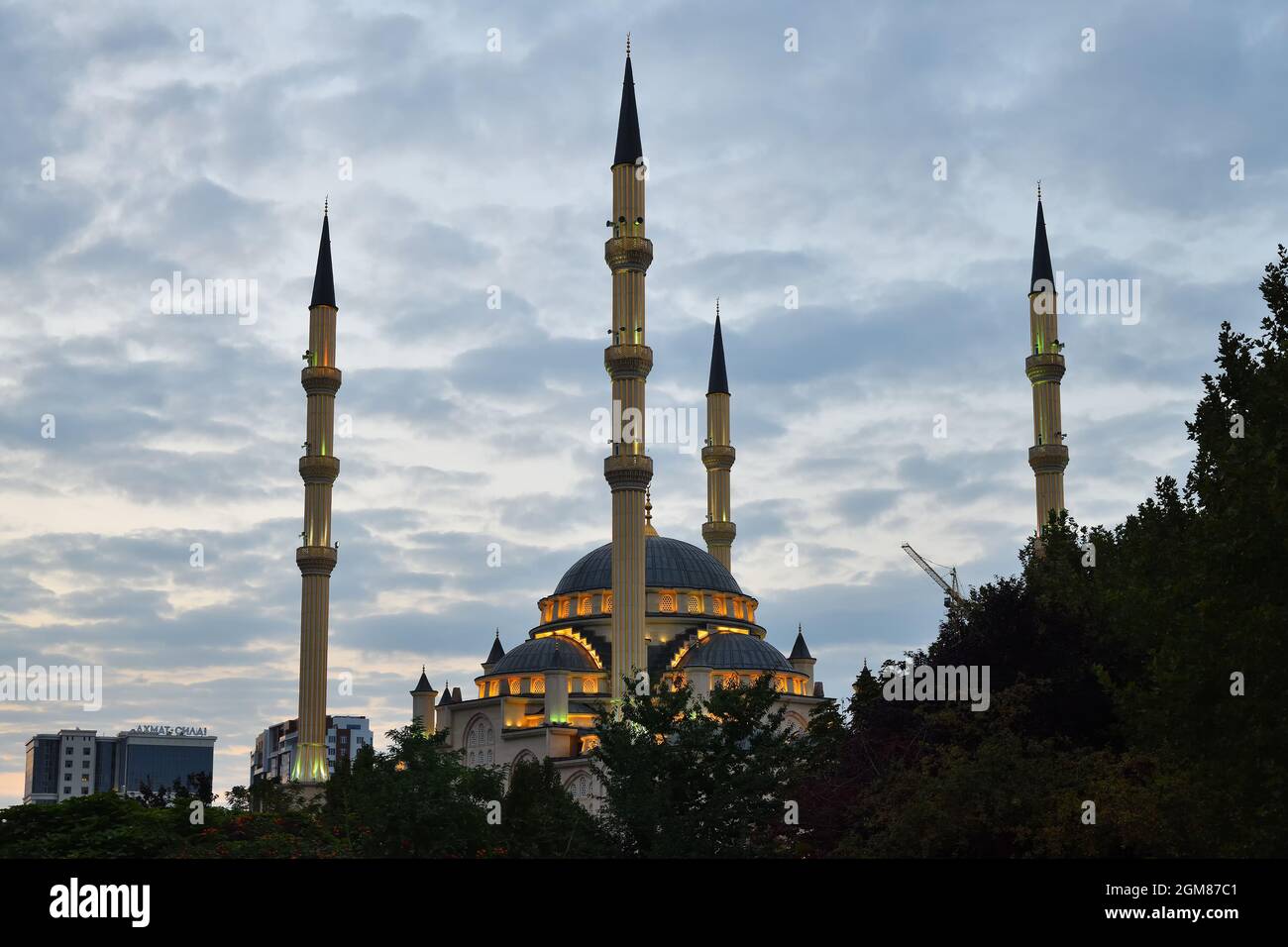 Grozny, Chechnya, Russia - September 13, 2021: Ahmad Kadyrov Mosque Heart of Chechnya shown at night Stock Photo