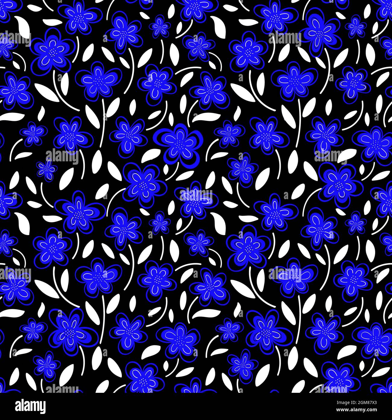 Blue flowers on a black background pattern Stock Photo - Alamy