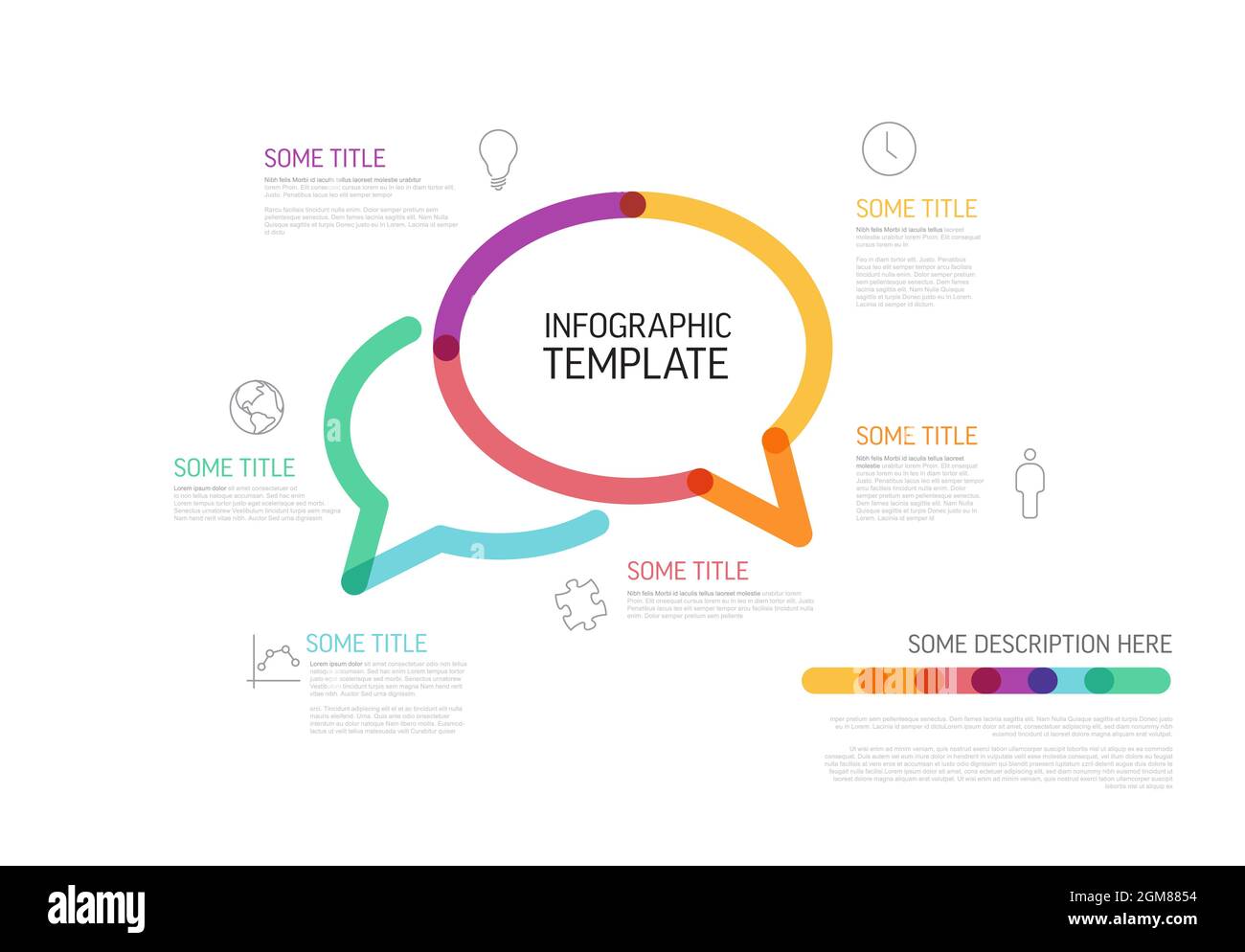 Vector Infographic diagram template with speech bubble made from thick highlighter lines and gray icons with short description legends Stock Vector