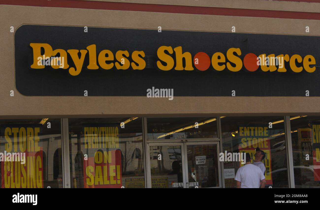 Tyler, TX - March 6, 2019 : Payless ShoeSource on 5th Street with Going out of Business signs, Tyler TX Stock Photo