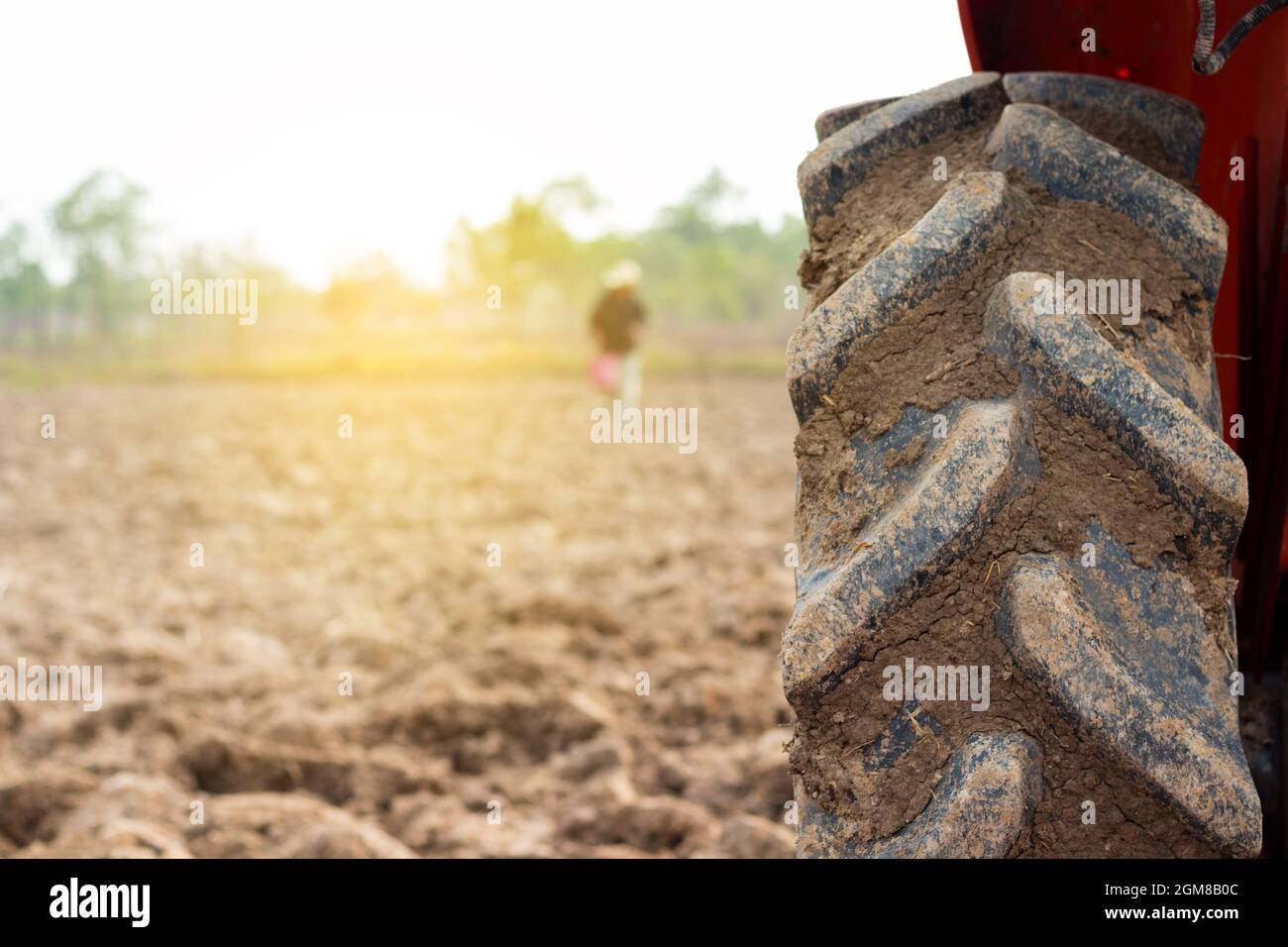 Tractor tire on field. Agriculture Tractor plowing field Stock Photo