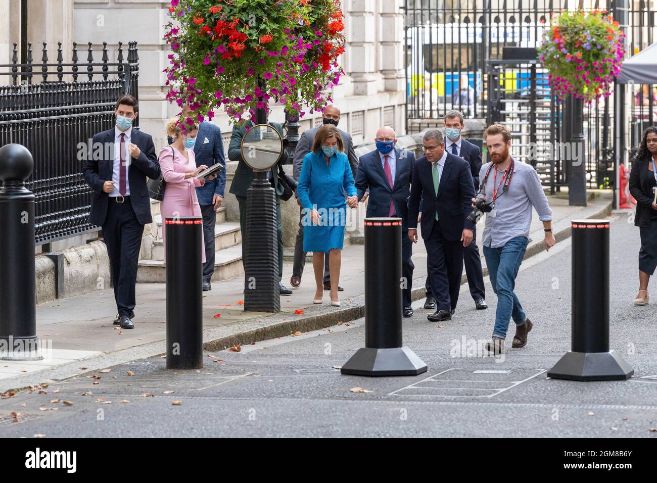 London, UK. 17th Sep, 2021. Nancy Pelosi Speaker of the US House of Representatives (in blue) leaves Downing Street after meetings with Alok Sharma, President of COP 26 Credit: Ian Davidson/Alamy Live News Stock Photo