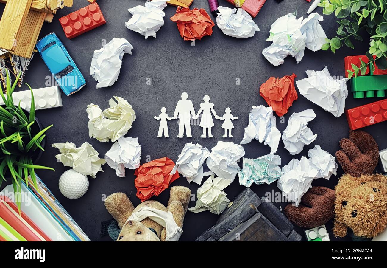 Background. Children's toys on the table. The space between kid's toys ...