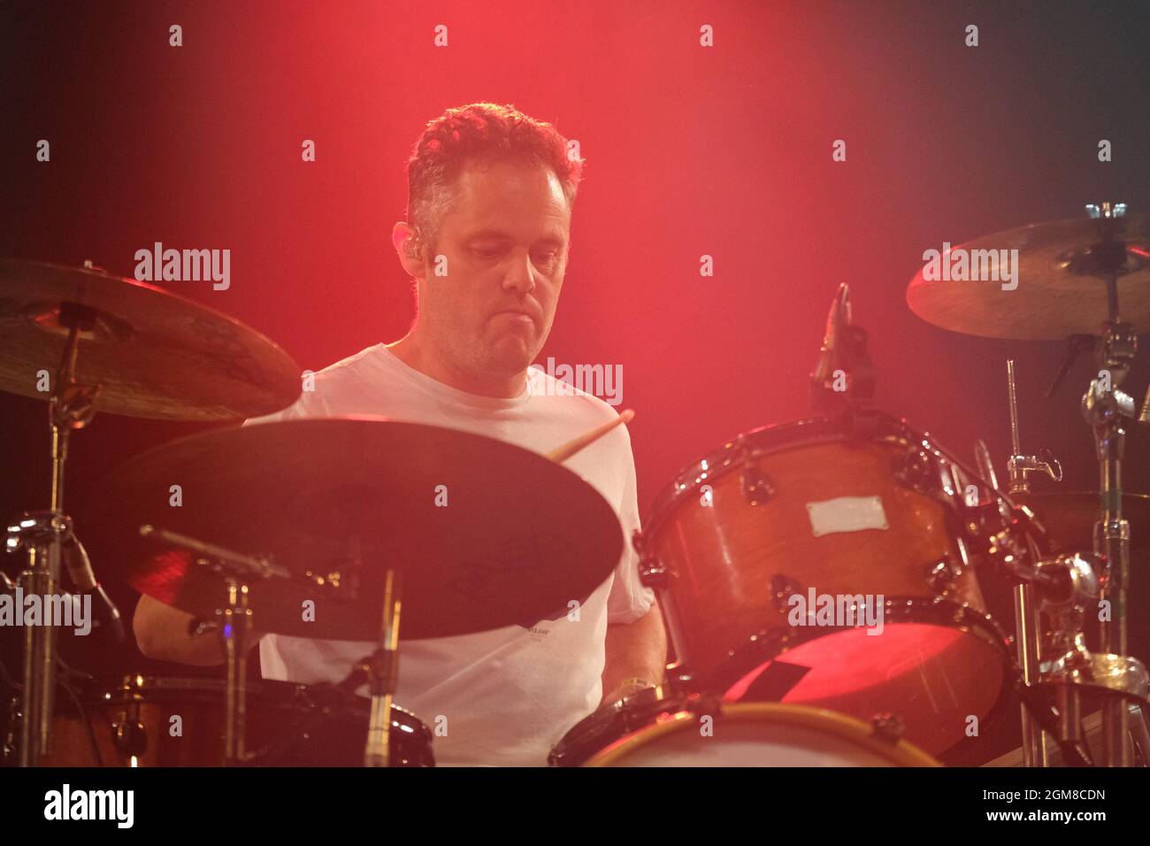 Drummer Peter Ellard of Scouting for Girls pop band performs live on