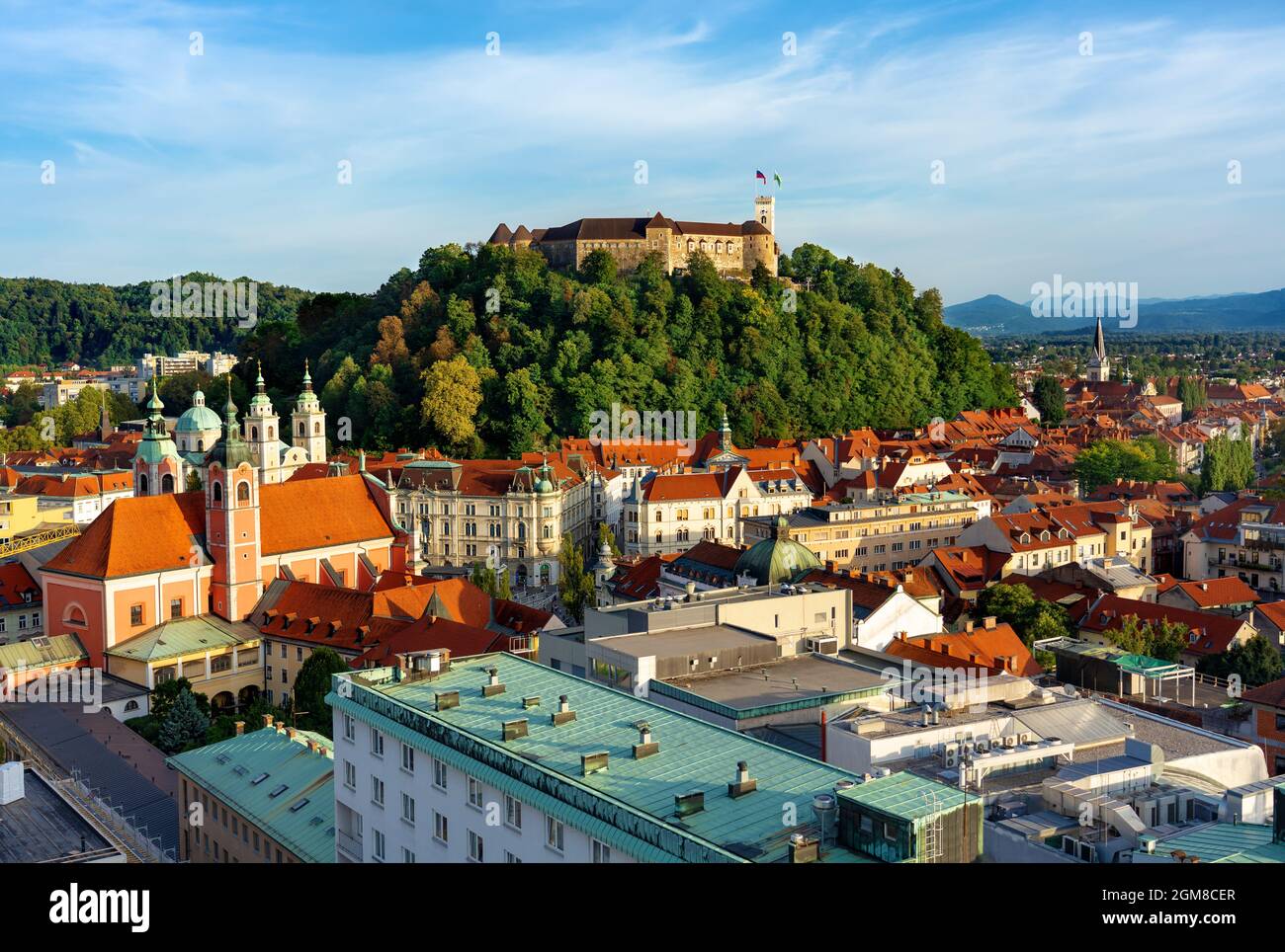 Arial View of Ljubljana castle Ljubljanski grad Laibacher Schloss and the old town of Ljubljana Stock Photo