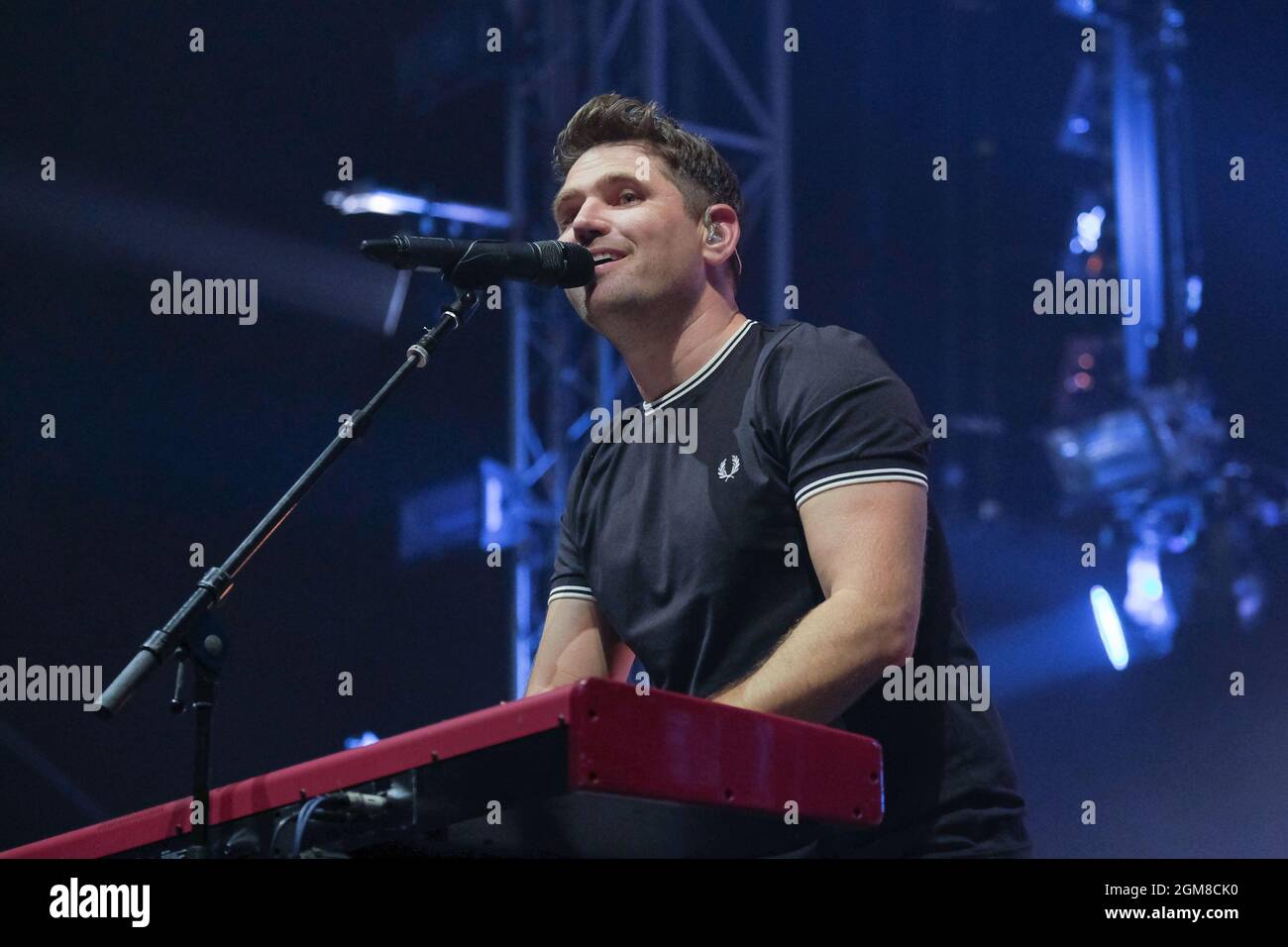Roy Stride, lead singer, guitarist and keyboard player of Scouting for Girls pop band performs live on stage at the Isle of Wight Festival, Newport. (Photo by Dawn Fletcher-Park / SOPA Images/Sipa USA) Stock Photo