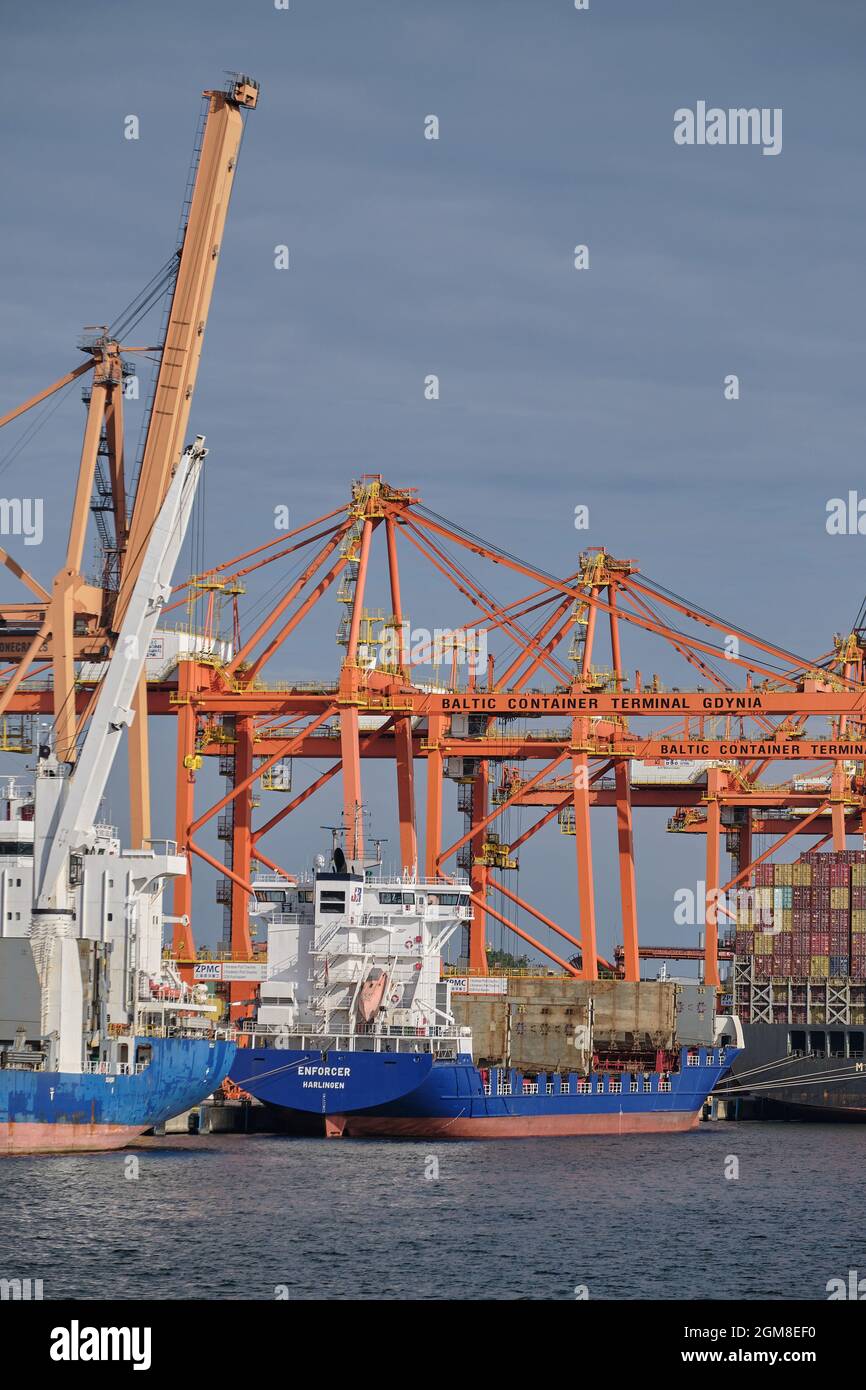 Gdynia, Poland 15 september 2021. Baltic Container Terminal in Gdyni, Poland. terminal cranes and containers on the vessel Stock Photo