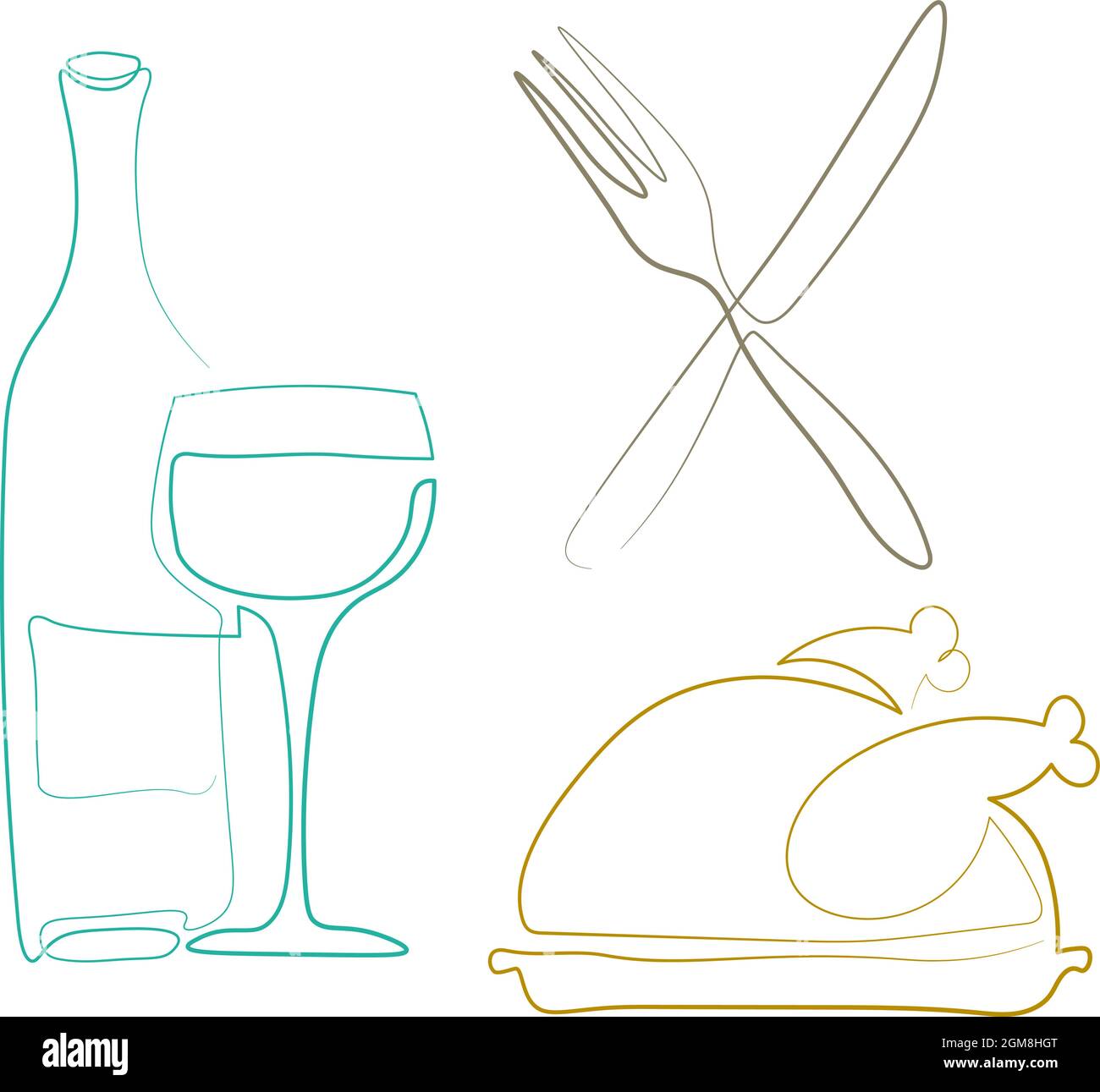 Set of food icons with outline chicken wine knife and fork drawing in outline one line style Stock Vector