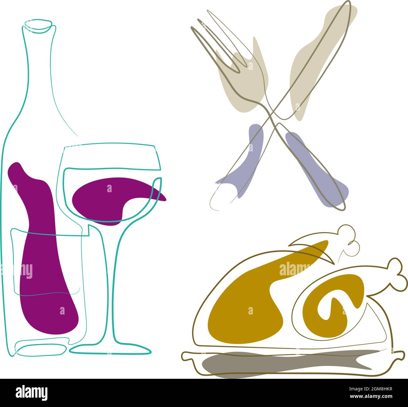 Set of food icons with outline chicken wine knife and fork drawing in filled outline one line style Stock Vector