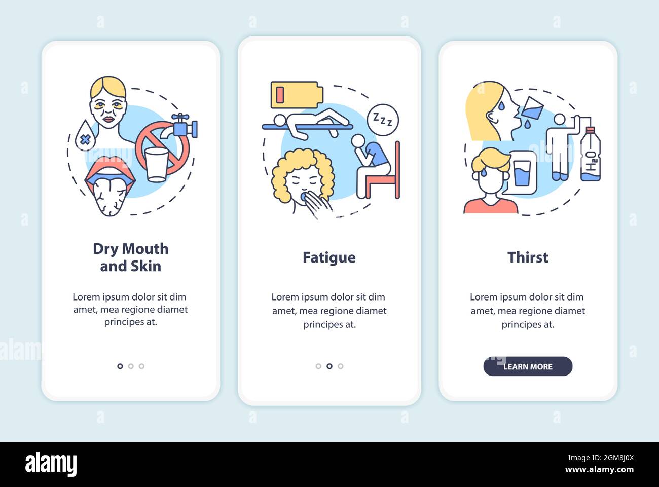 Dehydration symptoms onboarding mobile app page screen Stock Vector