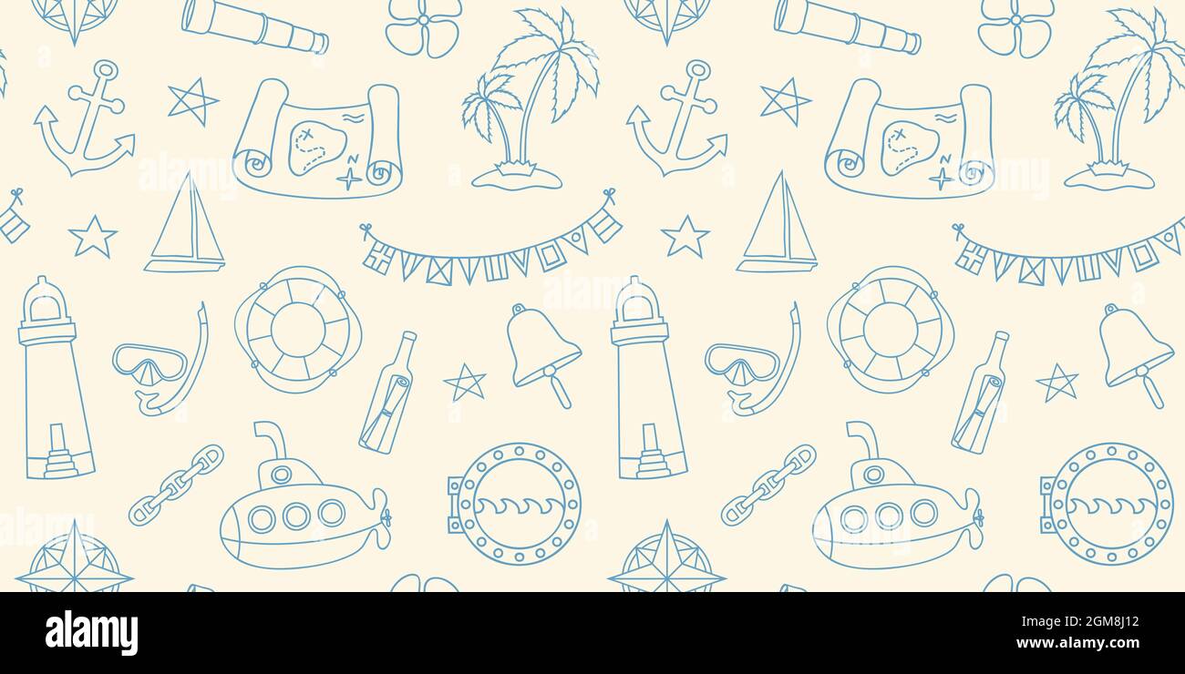 Nautical style seamless wallpaper with hand drawn elements in line art