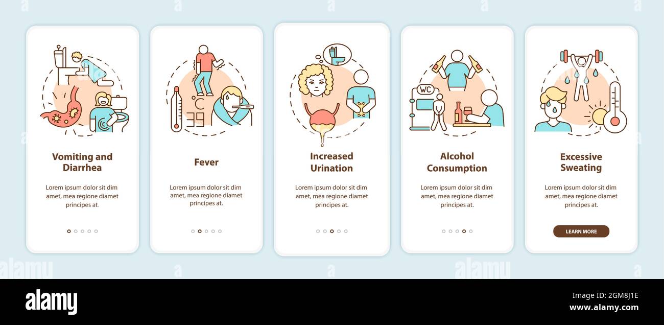 Dehydration causes onboarding mobile app page screen Stock Vector