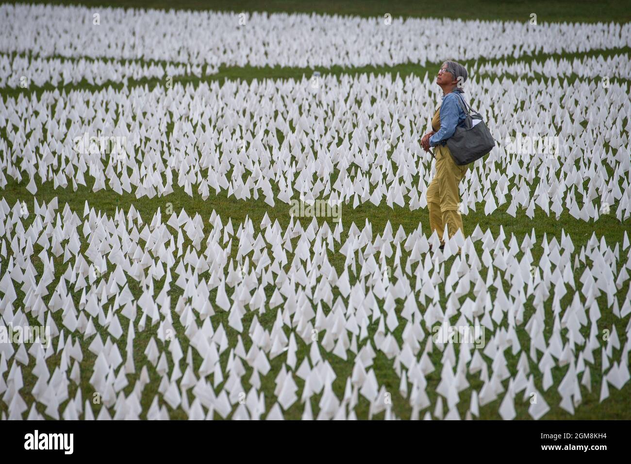 A woman walks among a field of some 660,000 white flags, representing the number of US lives lost to Covid-19, on the National Mall in Washington, DC, Thursday, September 16, 2021. The project, by artist Suzanne Brennan Firstenberg, titled “In America: Remember”, will be on display September 17, 2021 through October 3, 2021. Credit: Rod Lamkey / CNP/Sipa USA Stock Photo