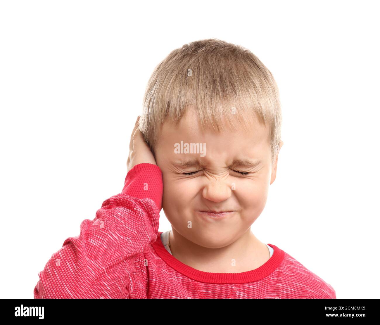 Little boy suffering from ear pain, isolated on white Stock Photo Alamy
