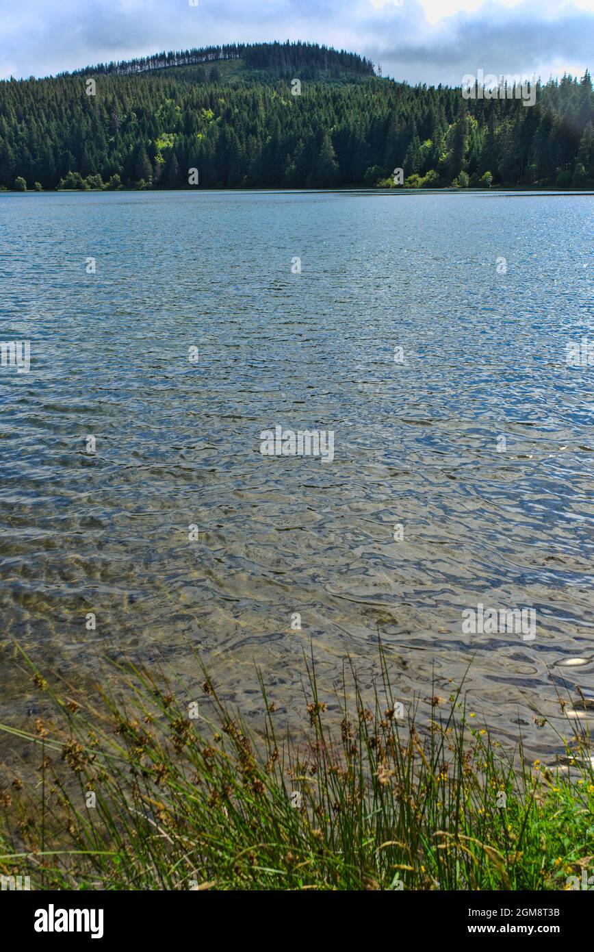 view of the volcanic lake of Servières in Orcival,Puy de Dome,Auvergne,France Stock Photo