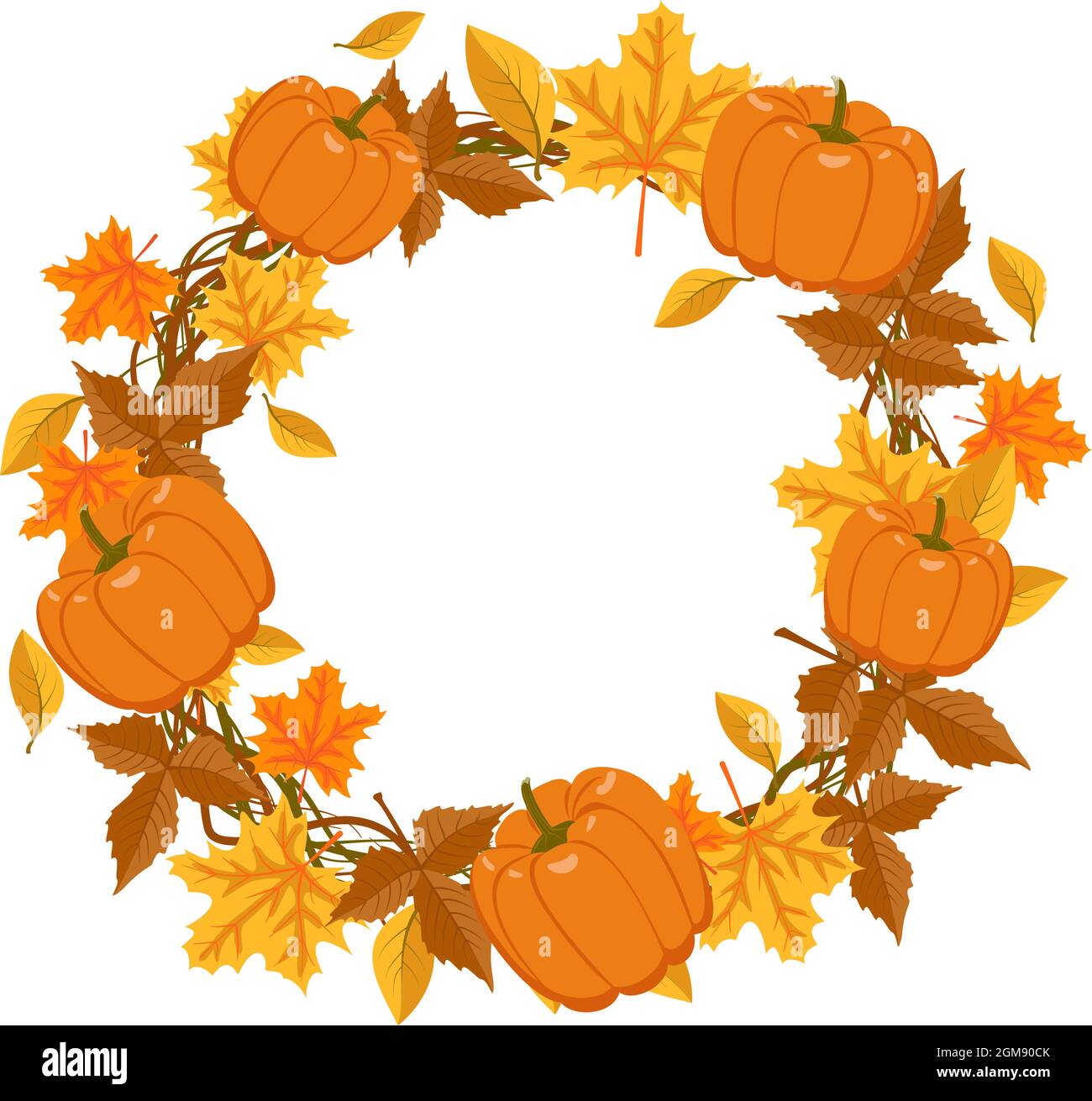 Round frame with orange and yellow maple leaves and pumpkins. Bright ...
