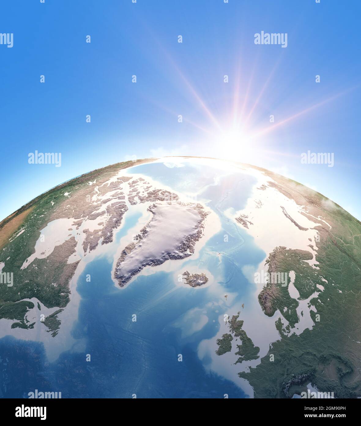 Sun shining over Earth. Physical map of North Pole, Greenland