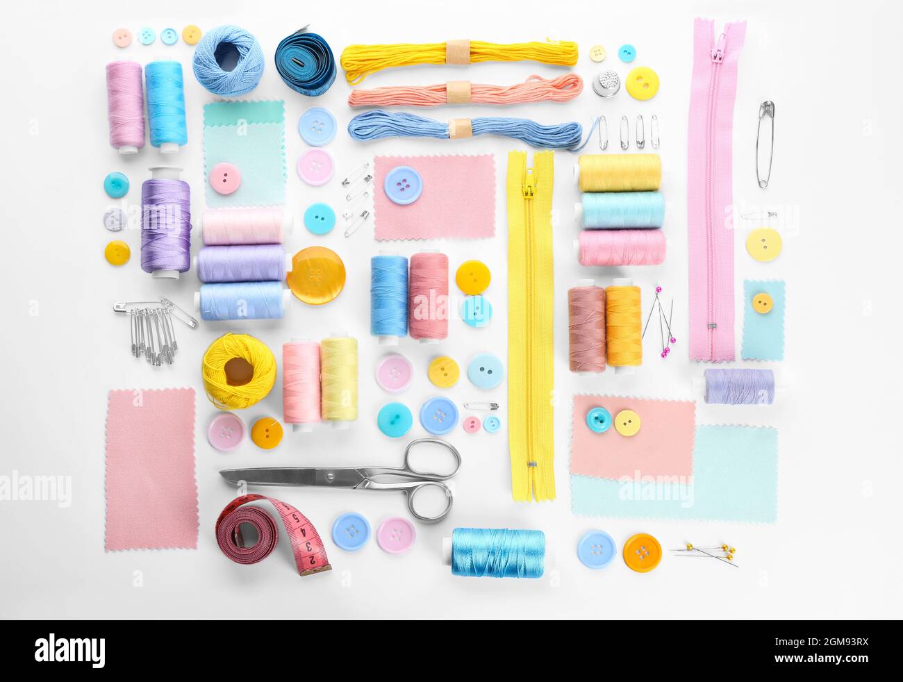 Thread Composition Composition with sewing threads and accessories on white background ...