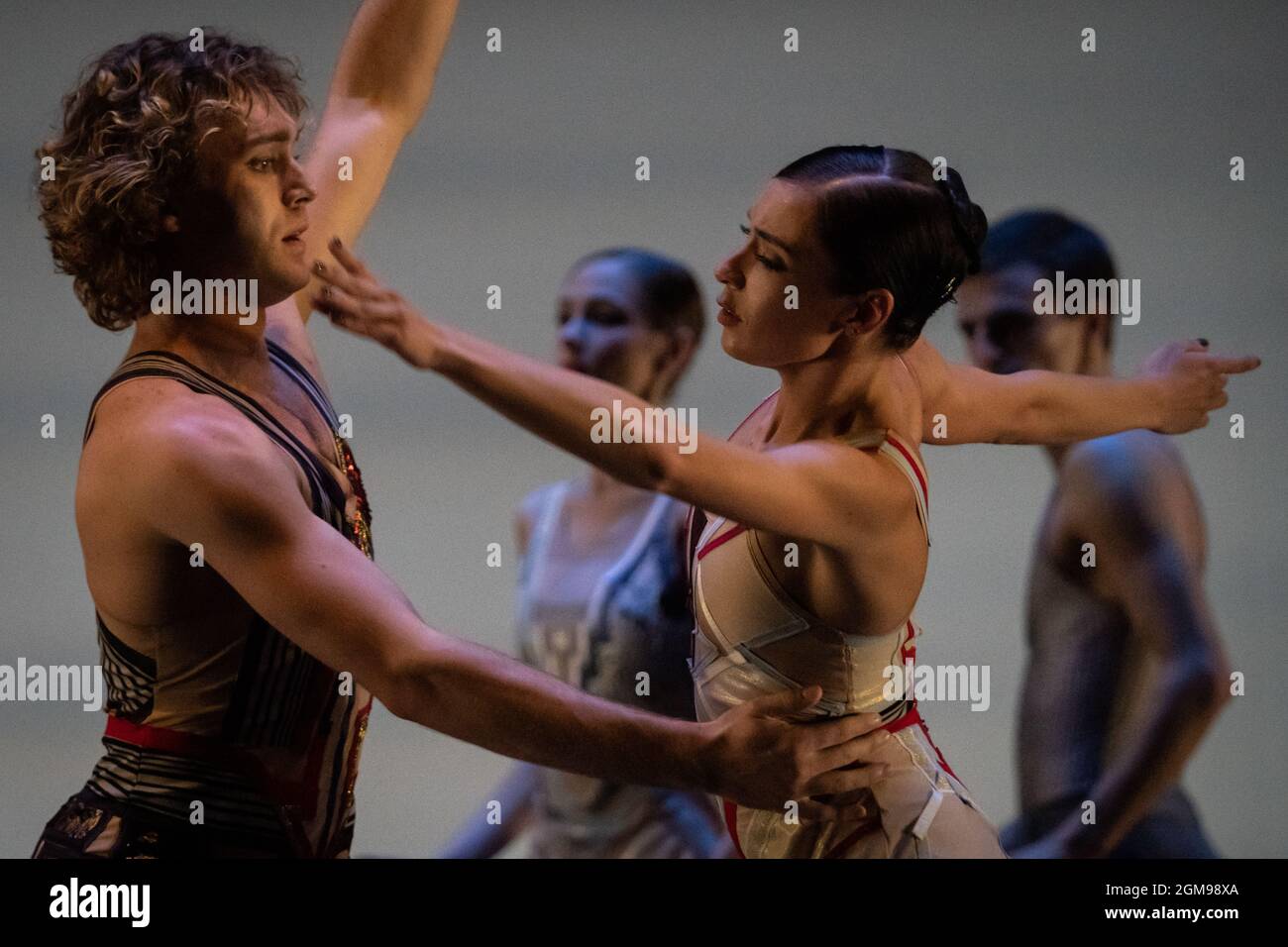 Ukrainian Ballet Gala at Sadler’s Wells. Premiere of Ludovic Ondiviela’s System A/I, a piece in which dancers ponder “the consequences of a scenario in which artificial intelligence has replaced human connection and what that could mean for our emotional lives”. Ukrainian dancers from American Ballet Theatre, Wiener Staatsballett, Lithuanian National Ballet and Toulouse Ballet du Capitole join with stars from The Royal Ballet and English National Ballet. Curated by the Ukrainian dancer (and former Royal Ballet star) Ivan Putrov and British-Ukrainian theatre director Olga Danylyu. London, UK. Stock Photo