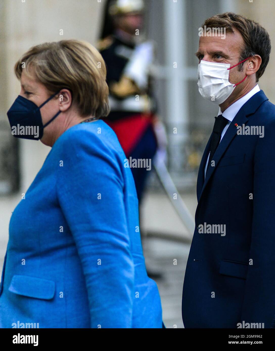 PARIS, FRANCE, 16 SEPTEMBER 2021. France’s President Emmanuel Macron welcomes Germany’s Chancellor Angela Merkel prior to a working dinner at the Elysee Palace. Credit: Amaury Paul / Medialys Images/Sipa USA Stock Photo
