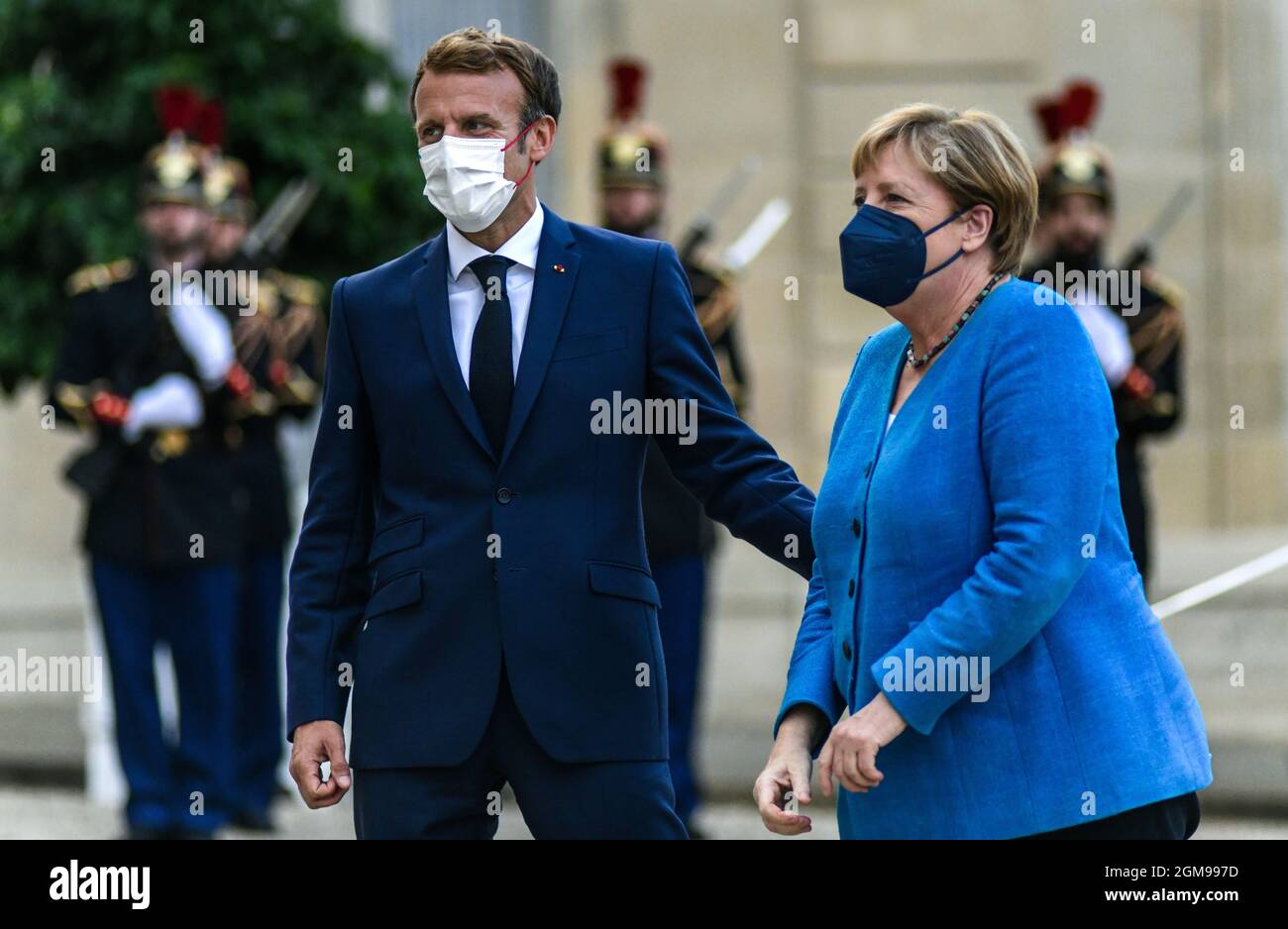 PARIS, FRANCE, 16 SEPTEMBER 2021.  Germany’s Chancellor Angela Merkel is welcomed by France’s President Emmanuel Macron prior to a working dinner at the Elysee Palace. Credit: Amaury Paul / Medialys Images/Sipa USA Stock Photo