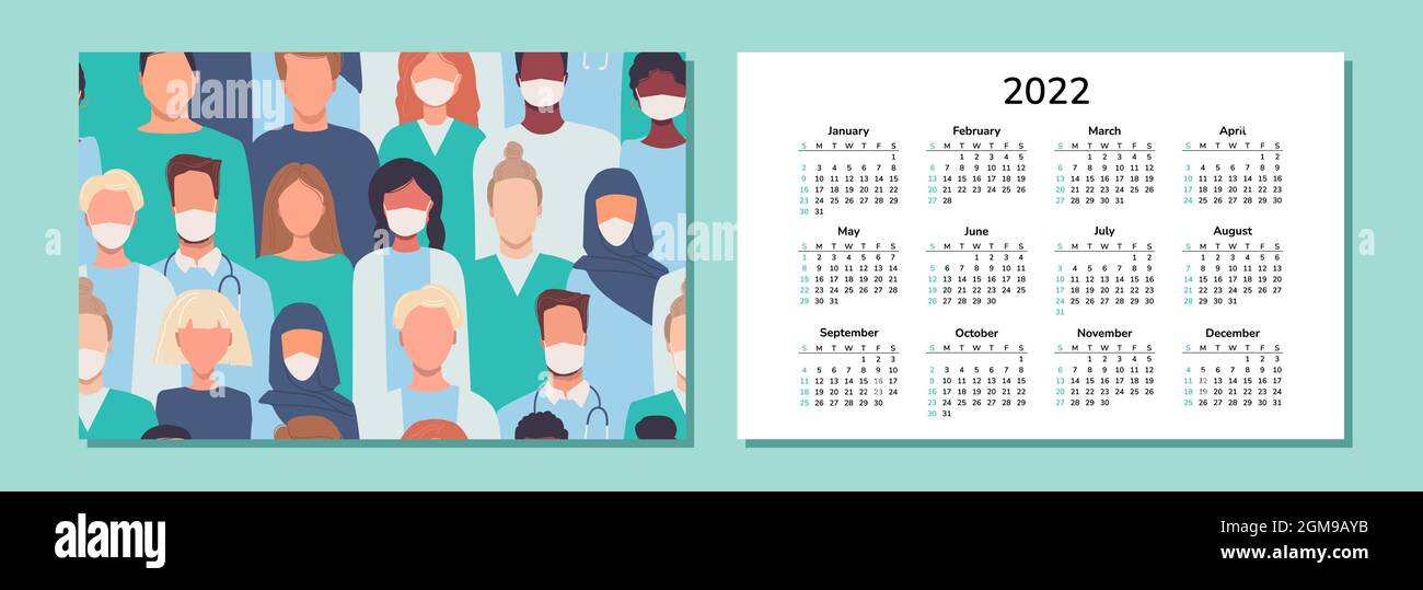 Horizontal calendar 2022. Doctors. Happy New Year. Wall desk table pocket calendar with medical